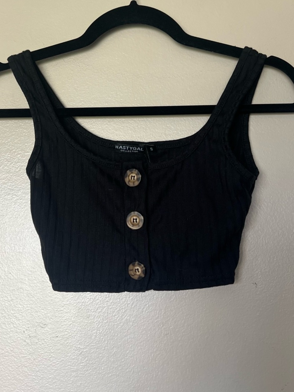 Nasty Gal Black Ribbed Button-Front Top with Tortoiseshell Buttons